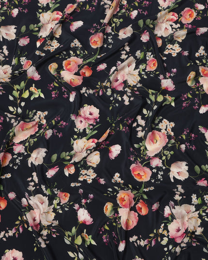 Midnight Black Base Peach and Blush Floral Bouquet Printed Pure Silk Crepe Fabric, 110 Cms Width, Made in India-D23966