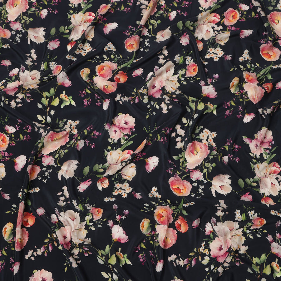 Midnight Black Base Peach and Blush Floral Bouquet Printed Pure Silk Crepe Fabric, 110 Cms Width, Made in India-D23966