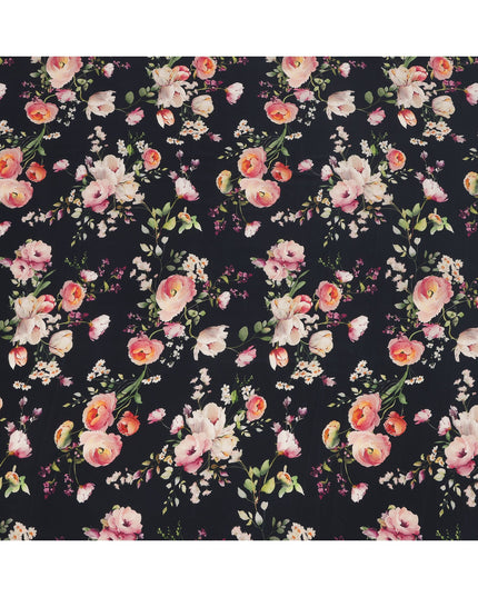 Midnight Black Base Peach and Blush Floral Bouquet Printed Pure Silk Crepe Fabric, 110 Cms Width, Made in India-D23966