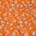 Bright Orange Base Multicolor Botanical Bloom Printed Pure Silk Crepe Fabric, 110 Cms Width, Made in India-D23967