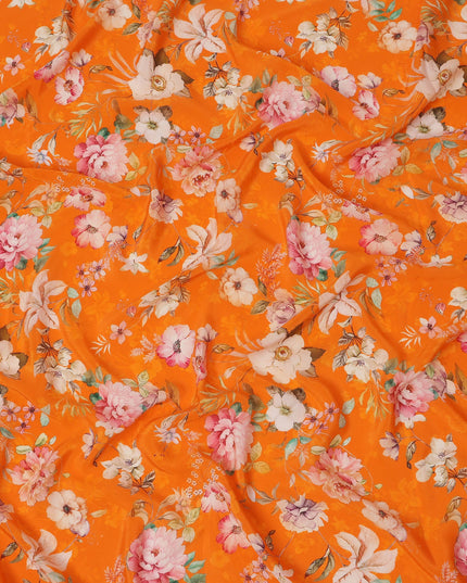 Bright Orange Base Multicolor Botanical Bloom Printed Pure Silk Crepe Fabric, 110 Cms Width, Made in India-D23967