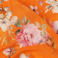 Bright Orange Base Multicolor Botanical Bloom Printed Pure Silk Crepe Fabric, 110 Cms Width, Made in India-D23967