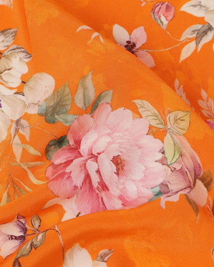 Bright Orange Base Multicolor Botanical Bloom Printed Pure Silk Crepe Fabric, 110 Cms Width, Made in India-D23967