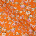 Bright Orange Base Multicolor Botanical Bloom Printed Pure Silk Crepe Fabric, 110 Cms Width, Made in India-D23967