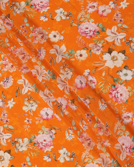 Bright Orange Base Multicolor Botanical Bloom Printed Pure Silk Crepe Fabric, 110 Cms Width, Made in India-D23967
