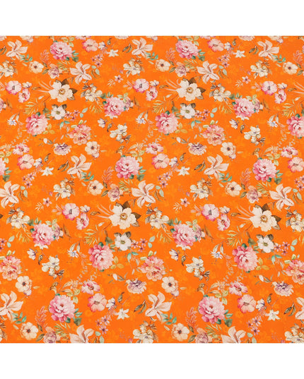 Bright Orange Base Multicolor Botanical Bloom Printed Pure Silk Crepe Fabric, 110 Cms Width, Made in India-D23967