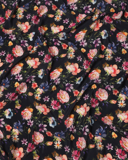 Black Base Multicolor Rose and Daisy Floral Printed Pure Silk Crepe Fabric, 110 Cms Width, Made in India-D23968