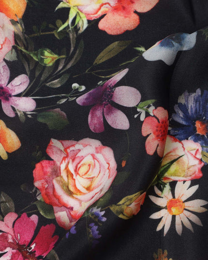 Black Base Multicolor Rose and Daisy Floral Printed Pure Silk Crepe Fabric, 110 Cms Width, Made in India-D23968