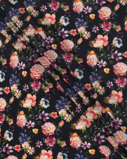 Black Base Multicolor Rose and Daisy Floral Printed Pure Silk Crepe Fabric, 110 Cms Width, Made in India-D23968