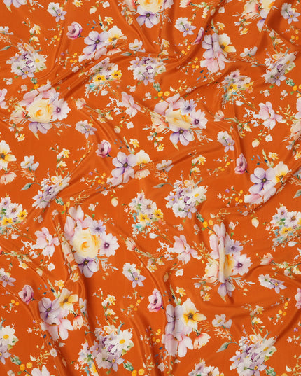 Burnt Orange Base Multicolor Pastel Blossom Printed Pure Silk Crepe Fabric, 110 Cms Width, Made in India-D23969