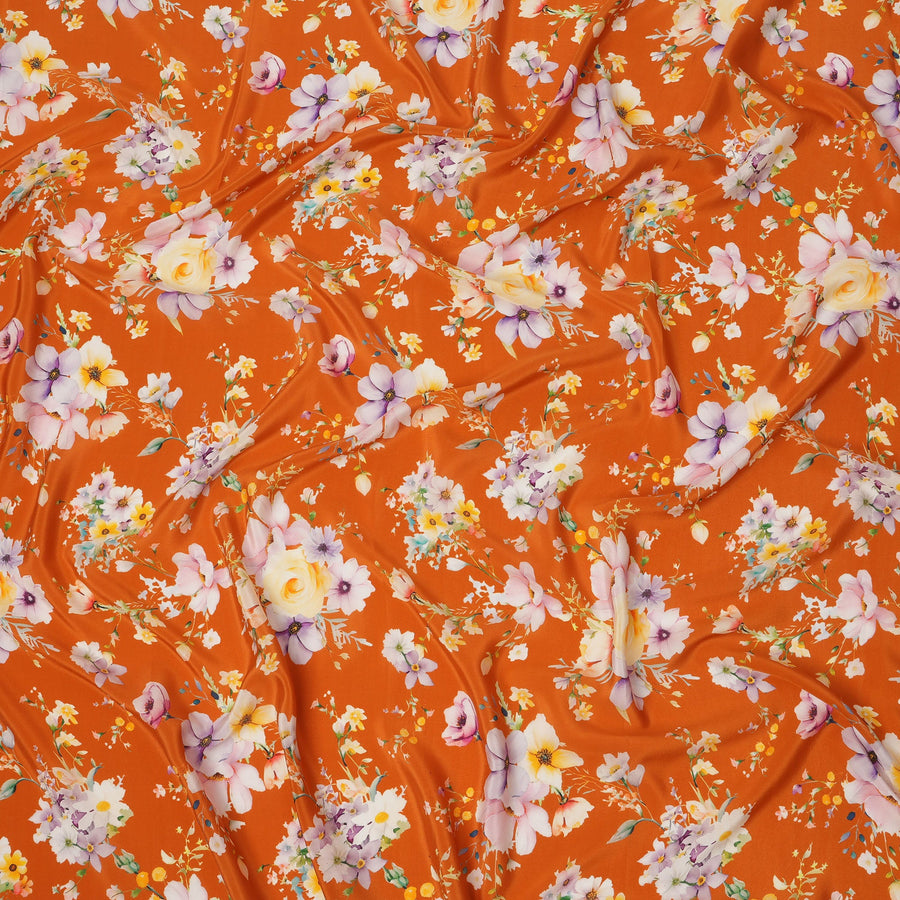 Burnt Orange Base Multicolor Pastel Blossom Printed Pure Silk Crepe Fabric, 110 Cms Width, Made in India-D23969
