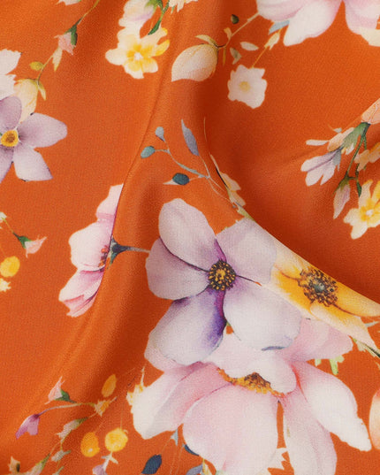Burnt Orange Base Multicolor Pastel Blossom Printed Pure Silk Crepe Fabric, 110 Cms Width, Made in India-D23969