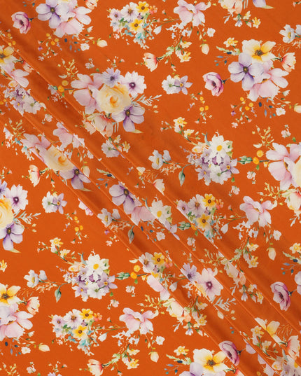 Burnt Orange Base Multicolor Pastel Blossom Printed Pure Silk Crepe Fabric, 110 Cms Width, Made in India-D23969