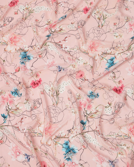 Blush Pink Base Blue and Coral Botanical Line Art Floral Printed Pure Silk Crepe Fabric, 110 Cms Width, Made in India-D23970 - Regal Fabrics
