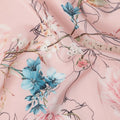 Blush Pink Base Blue and Coral Botanical Line Art Floral Printed Pure Silk Crepe Fabric, 110 Cms Width, Made in India-D23970 - Regal Fabrics
