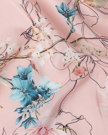 Blush Pink Base Blue and Coral Botanical Line Art Floral Printed Pure Silk Crepe Fabric, 110 Cms Width, Made in India-D23970 - Regal Fabrics