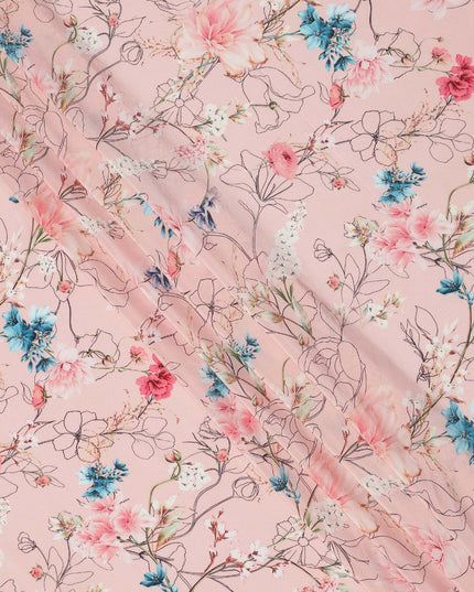 Blush Pink Base Blue and Coral Botanical Line Art Floral Printed Pure Silk Crepe Fabric, 110 Cms Width, Made in India-D23970 - Regal Fabrics