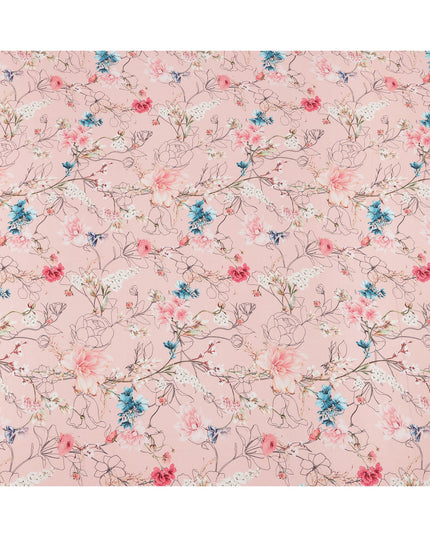 Blush Pink Base Blue and Coral Botanical Line Art Floral Printed Pure Silk Crepe Fabric, 110 Cms Width, Made in India-D23970 - Regal Fabrics