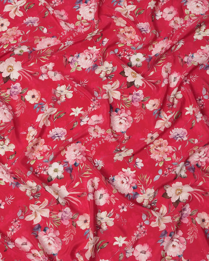 Cherry Red Base Multicolor Botanical Garden Floral Printed Pure Silk Crepe Fabric, 110 Cms Width, Made in India-D23971
