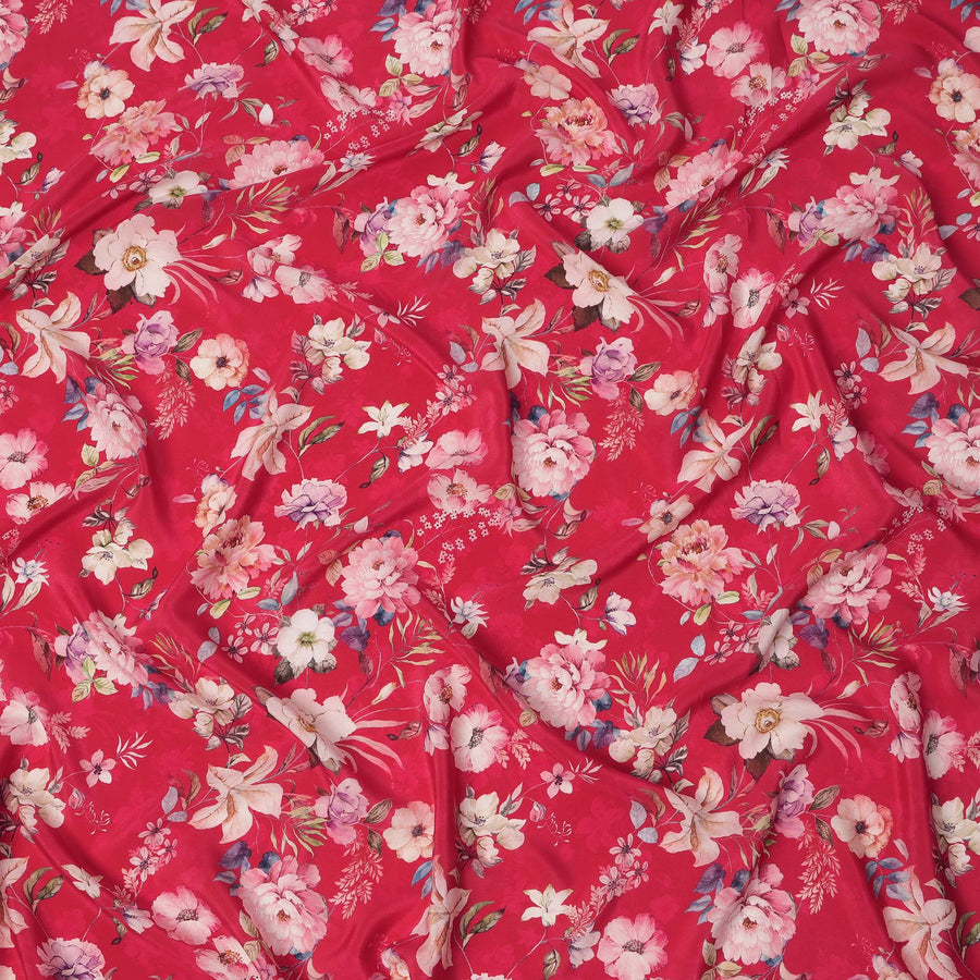 Cherry Red Base Multicolor Botanical Garden Floral Printed Pure Silk Crepe Fabric, 110 Cms Width, Made in India-D23971