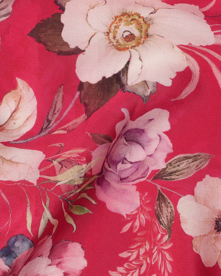 Cherry Red Base Multicolor Botanical Garden Floral Printed Pure Silk Crepe Fabric, 110 Cms Width, Made in India-D23971