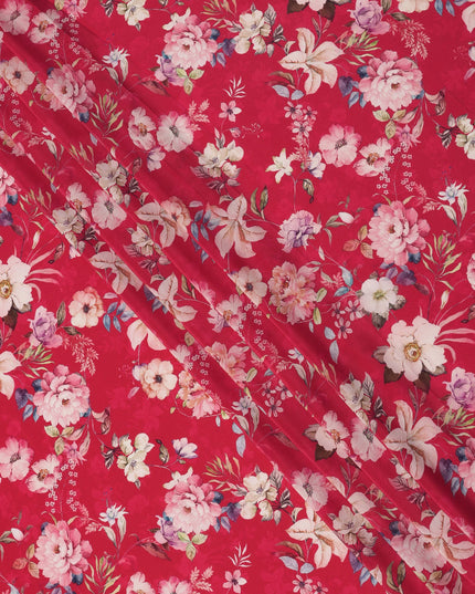 Cherry Red Base Multicolor Botanical Garden Floral Printed Pure Silk Crepe Fabric, 110 Cms Width, Made in India-D23971