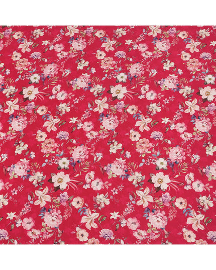 Cherry Red Base Multicolor Botanical Garden Floral Printed Pure Silk Crepe Fabric, 110 Cms Width, Made in India-D23971