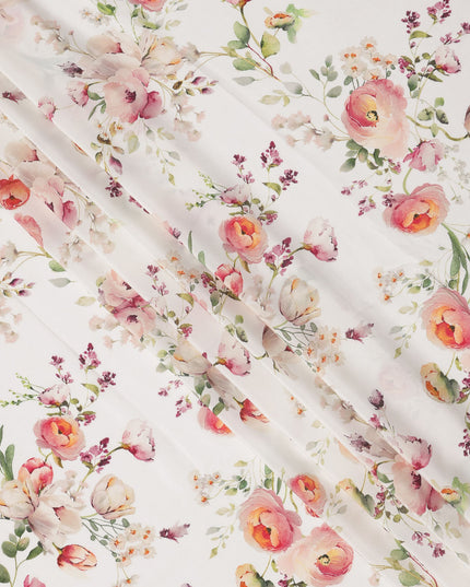 قماش كريب حريري خالص بطبعة زهور رومانسية بلون الخوخ والأرجواني الفاتح، قاعدة بيضاء عاجية، عرض 110 سم، صنع في الهند - D23972