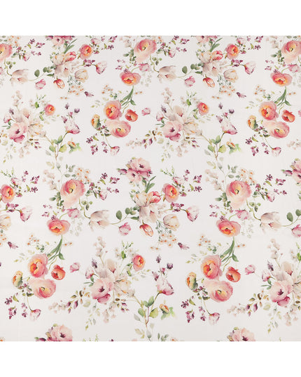 قماش كريب حريري خالص بطبعة زهور رومانسية بلون الخوخ والأرجواني الفاتح، قاعدة بيضاء عاجية، عرض 110 سم، صنع في الهند - D23972