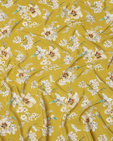 Mustard Yellow Base Ivory Floral Bunches Printed Pure Silk Crepe Fabric, 110 Cms Width, Made in India-D23973