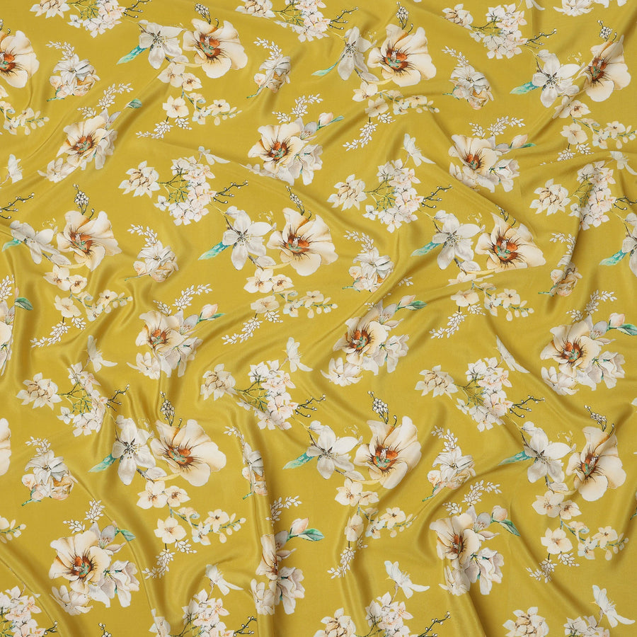Mustard Yellow Base Ivory Floral Bunches Printed Pure Silk Crepe Fabric, 110 Cms Width, Made in India-D23973
