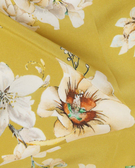 Mustard Yellow Base Ivory Floral Bunches Printed Pure Silk Crepe Fabric, 110 Cms Width, Made in India-D23973