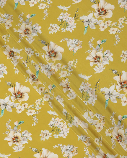 Mustard Yellow Base Ivory Floral Bunches Printed Pure Silk Crepe Fabric, 110 Cms Width, Made in India-D23973