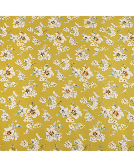 Mustard Yellow Base Ivory Floral Bunches Printed Pure Silk Crepe Fabric, 110 Cms Width, Made in India-D23973