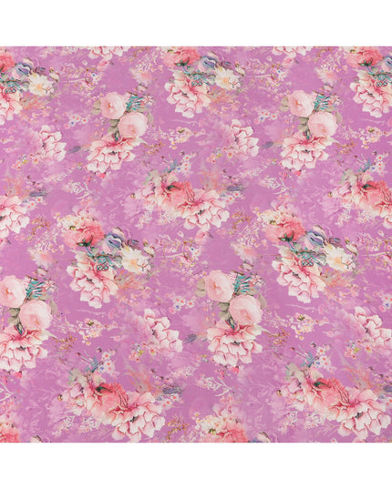 قماش كريب حريري خالص بطبعة زهور الفاوانيا والفراشات الفنية متعدد الألوان، قاعدة أرجوانية أرجوانية، عرض 110 سم، صنع في الهند - D23974