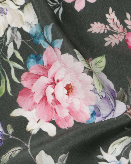 قماش كريب حريري نقي بطبعة زهور الحديقة متعدد الألوان، قاعدة خضراء، عرض 110 سم، صنع في الهند - D23975