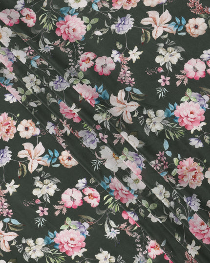 قماش كريب حريري نقي بطبعة زهور الحديقة متعدد الألوان، قاعدة خضراء، عرض 110 سم، صنع في الهند - D23975