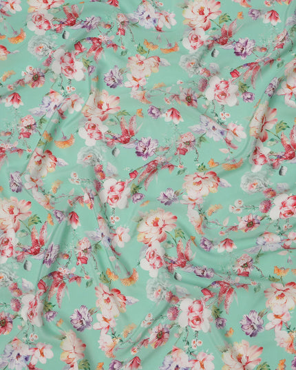 Aqua Mint Base Multicolor Garden Bloom Floral Printed Pure Silk Crepe Fabric, 110 Cms Width, Made in India-D23977
