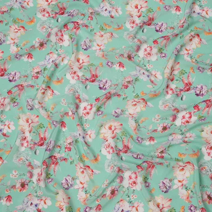 Aqua Mint Base Multicolor Garden Bloom Floral Printed Pure Silk Crepe Fabric, 110 Cms Width, Made in India-D23977