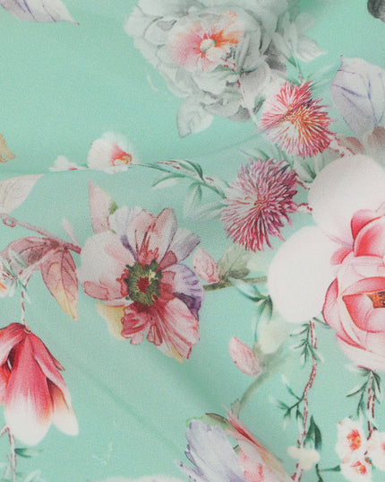 Aqua Mint Base Multicolor Garden Bloom Floral Printed Pure Silk Crepe Fabric, 110 Cms Width, Made in India-D23977