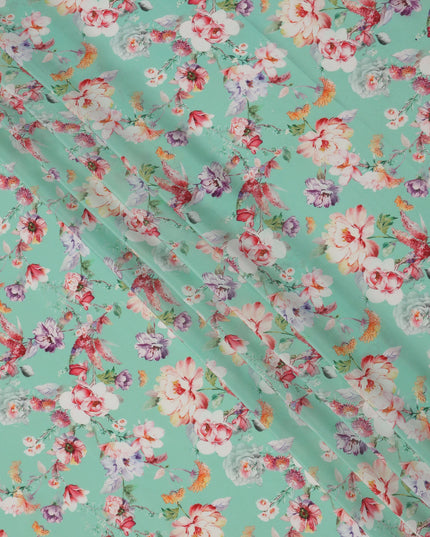 Aqua Mint Base Multicolor Garden Bloom Floral Printed Pure Silk Crepe Fabric, 110 Cms Width, Made in India-D23977