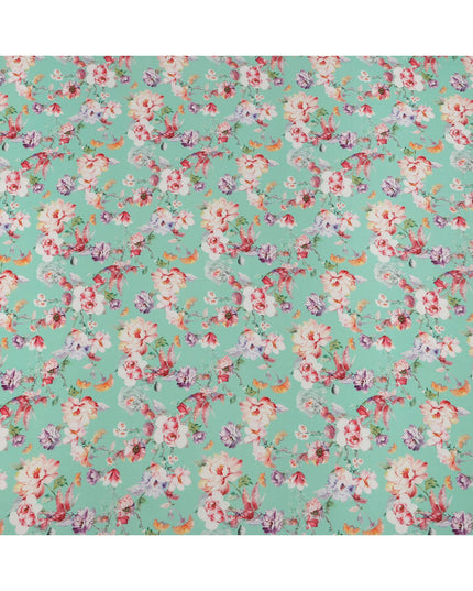 Aqua Mint Base Multicolor Garden Bloom Floral Printed Pure Silk Crepe Fabric, 110 Cms Width, Made in India-D23977