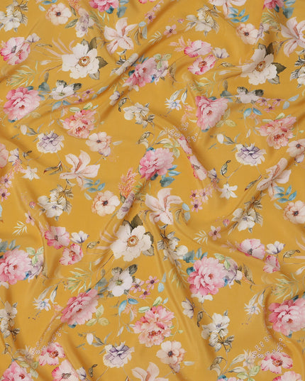 قماش كريب حريري نقي بطبعة زهور الربيع، متعدد الألوان، قاعدة صفراء خردلية، عرض 110 سم، صنع في الهند - D23978