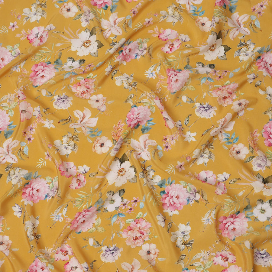 قماش كريب حريري نقي بطبعة زهور الربيع، متعدد الألوان، قاعدة صفراء خردلية، عرض 110 سم، صنع في الهند - D23978