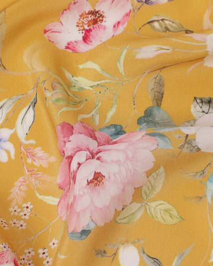 قماش كريب حريري نقي بطبعة زهور الربيع، متعدد الألوان، قاعدة صفراء خردلية، عرض 110 سم، صنع في الهند - D23978