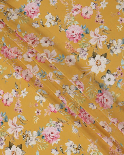 قماش كريب حريري نقي بطبعة زهور الربيع، متعدد الألوان، قاعدة صفراء خردلية، عرض 110 سم، صنع في الهند - D23978