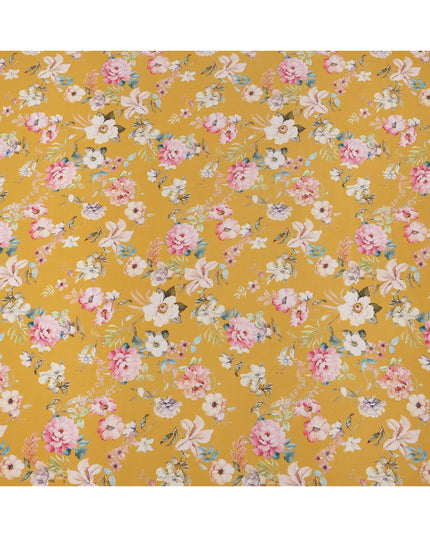 قماش كريب حريري نقي بطبعة زهور الربيع، متعدد الألوان، قاعدة صفراء خردلية، عرض 110 سم، صنع في الهند - D23978