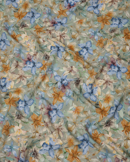 Sage Green Base Multicolor Tropical Bloom Floral Printed Viscose Crepe Fabric, 110 Cms Width, Made in India-D23979