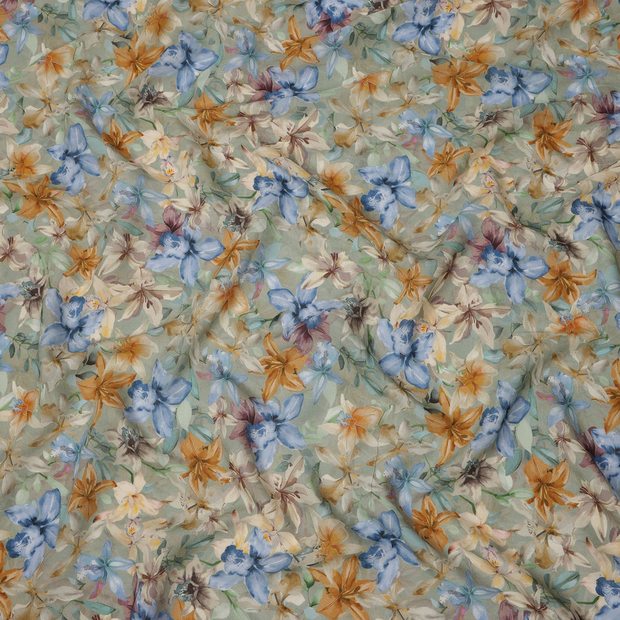 Sage Green Base Multicolor Tropical Bloom Floral Printed Viscose Crepe Fabric, 110 Cms Width, Made in India-D23979