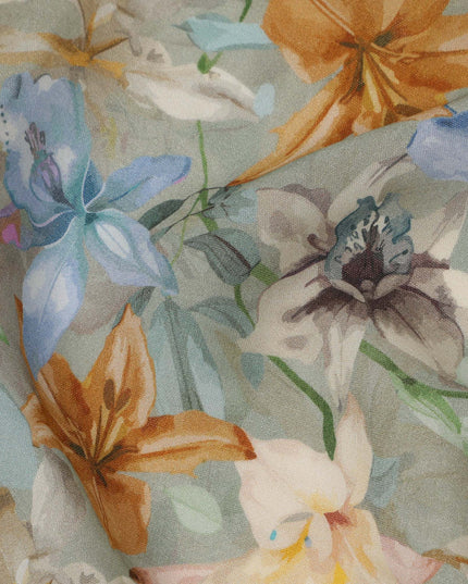 Sage Green Base Multicolor Tropical Bloom Floral Printed Viscose Crepe Fabric, 110 Cms Width, Made in India-D23979